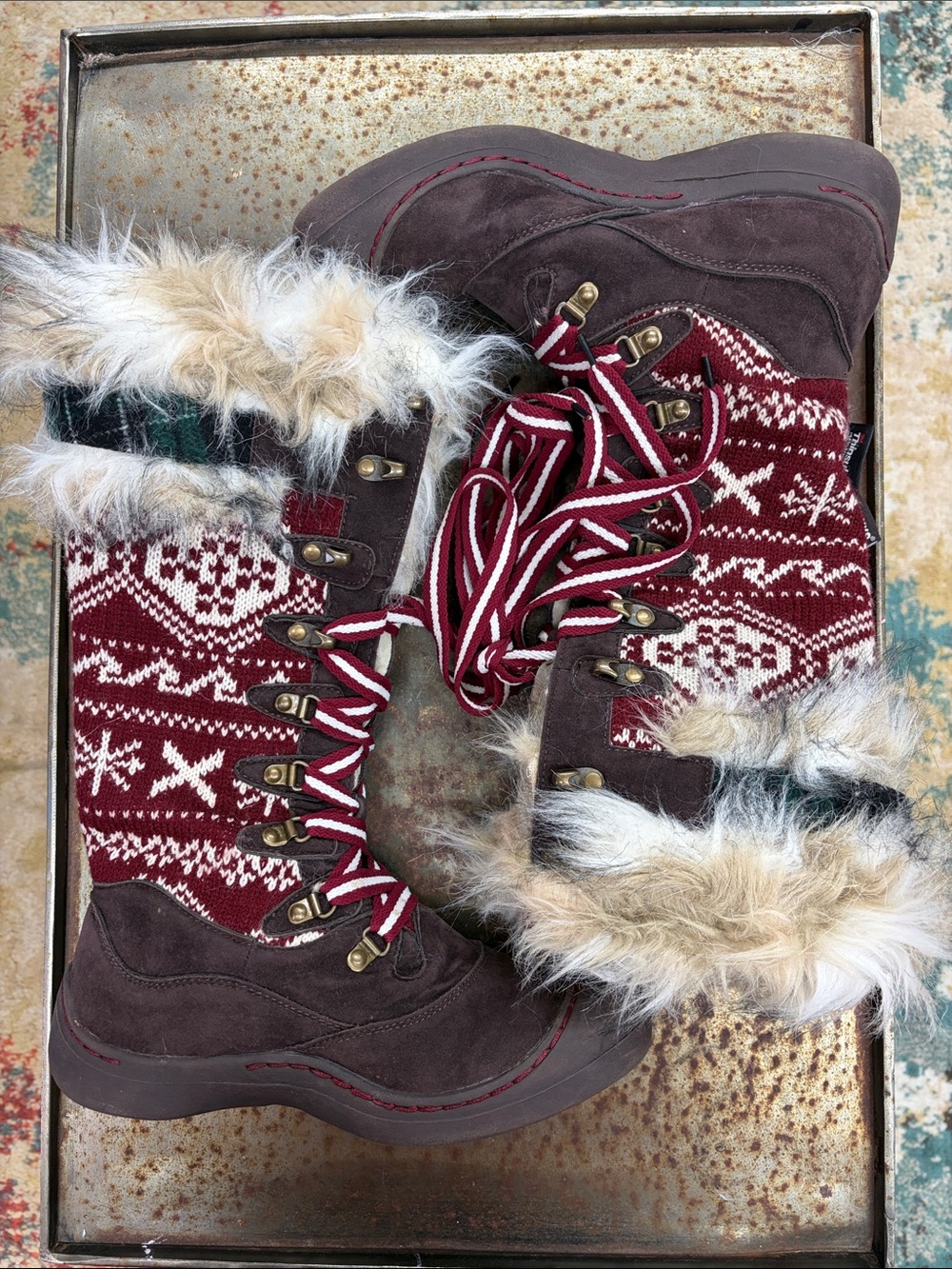 MUK LUKS Gwen Women's Tall Lace Up Snow Boots Fair Isle Faux Fur Size 7.